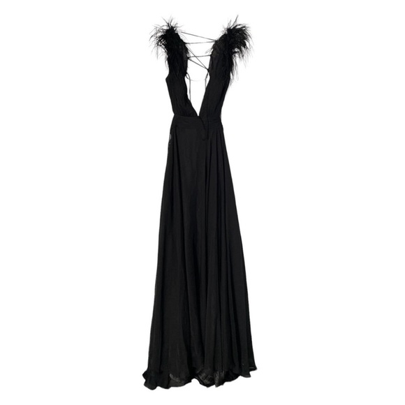 NWOT Mac Duggal Black Feather Trim Plunge V-Neck A-Line Lace Up Gown Size 6 - Picture 5 of 7